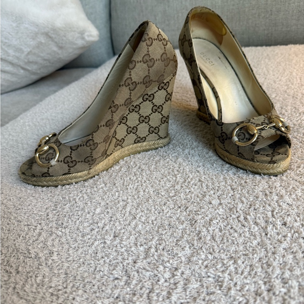 Gucci Brown Monogram Peep-Toe Wedge Espadrilles - Picture 8 of 12